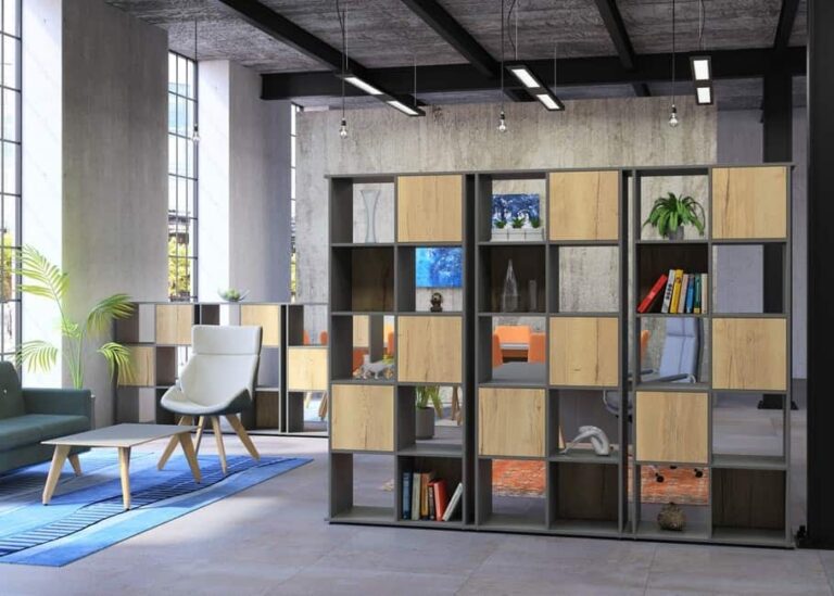 Box shelving to break up and organize office space