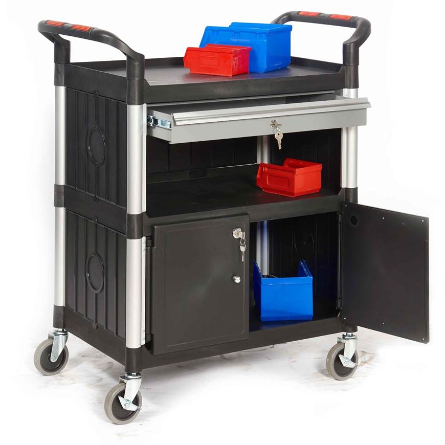 Proplaz shelf trolleys with drawers and cupboard for versatile storage